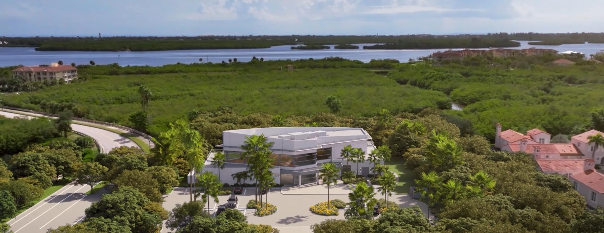 Aerial rendering of The Cove Lifestyle + Fitness Center at Grand Harbor Golf and Beach Club, Vero Beach Florida — situated adjacent to the clubhouse with Indian River Lagoon views