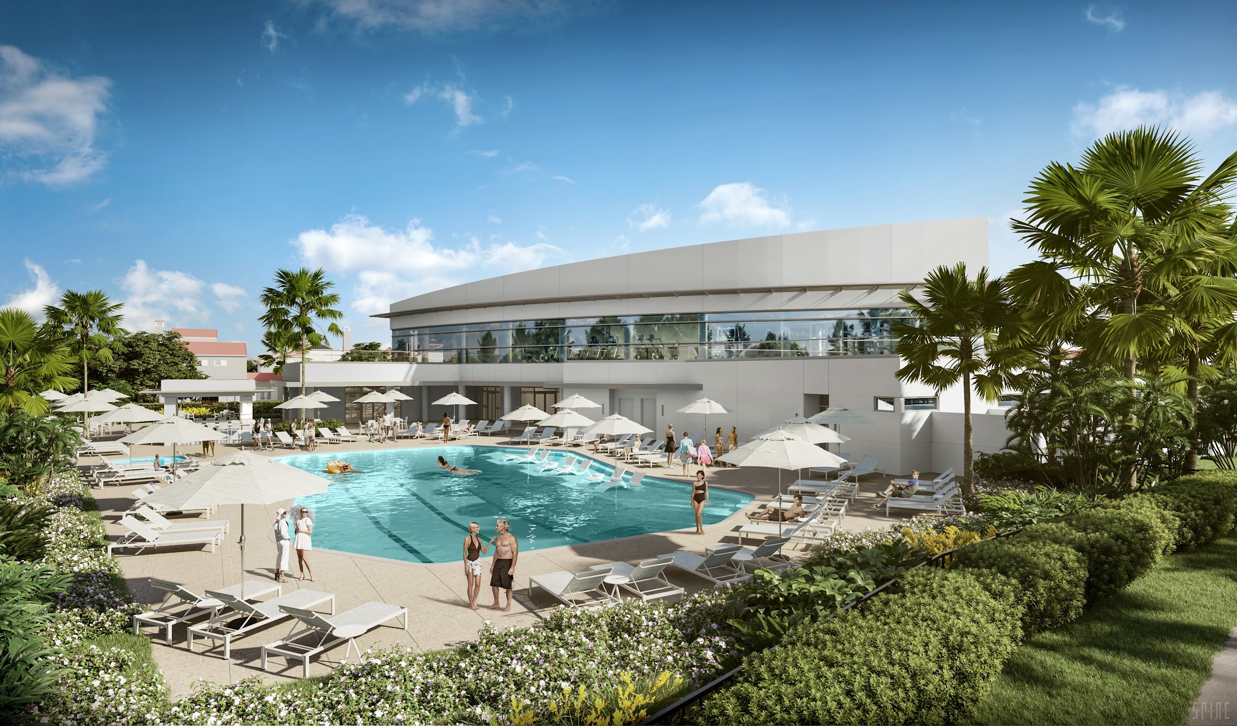 Grand Harbor Wellness Center Vero Beach — The Cove Lifestyle and Fitness Center rendering, resort-style pool and contemporary architecture