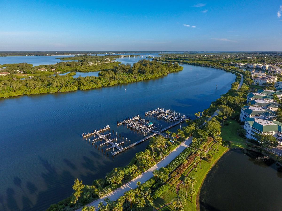Aerial view of the Intracoastal Waterway and mangrove islands along Vero Beach's barrier island