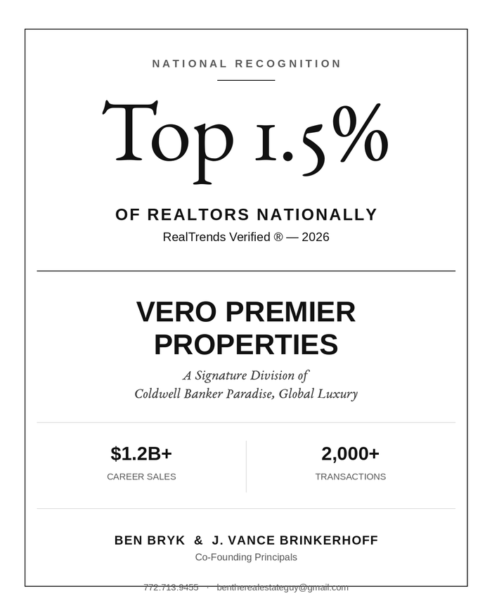 RealTrends Verified Top 1.5% of Realtors nationally, Ben Bryk and J. Vance Brinkerhoff, Vero Premier Properties